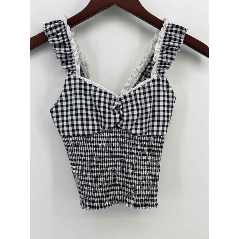 Black White Gingham Smocked Crop‎ Top Eyelet Lace Ruffle Strap Small